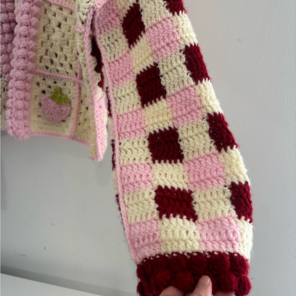 Handmade Crochet Strawberry Picnic Cardigan Checkerboard Pattern - Picture 4 of 12